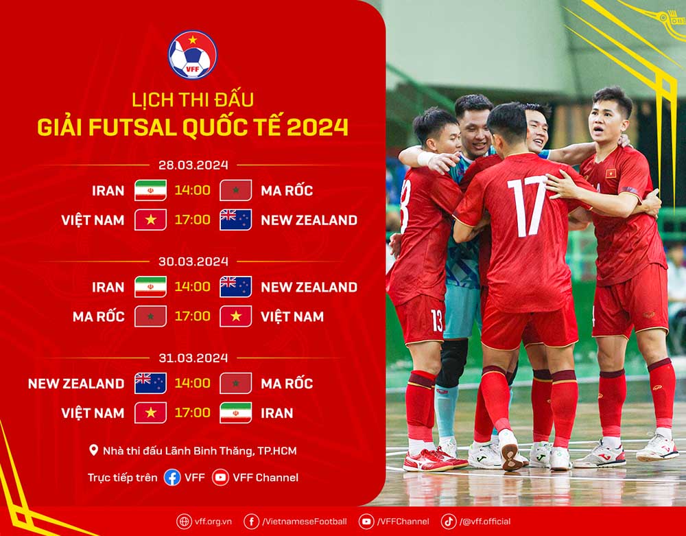 Danh sách 19 cầu thủ và lịch thi đấu của tuyển futsal Việt Nam tại giải châu Á. Ảnh: VFF