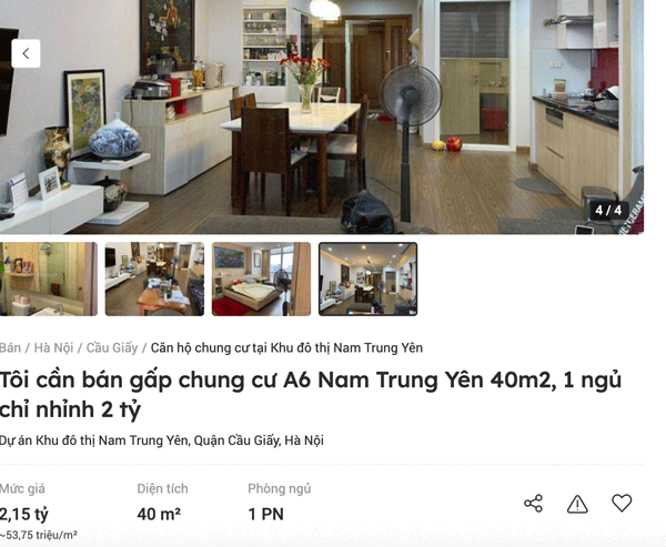 Một số căn hộ nhà tại định cư có giá rao bán gần 55 triệu đồng/m2. Ảnh: Chụp màn hình.