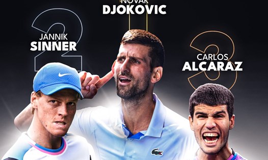 Novak Djokovic, Jannik Sinner, Carlos Alcaraz giữ 3 vị trí dẫn đầu trên bảng xếp hạng ATP. Ảnh: TennisTV