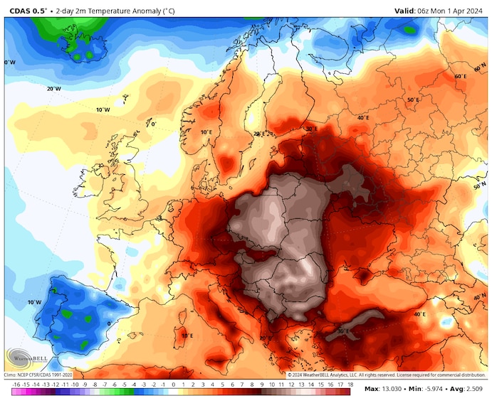 Nhiệt độ cao hơn bình thường ở châu Âu trong tuần qua, với kỷ lục nhiệt độ được ghi nhận ở nhiều quốc gia. Ảnh: Weatherbell.com