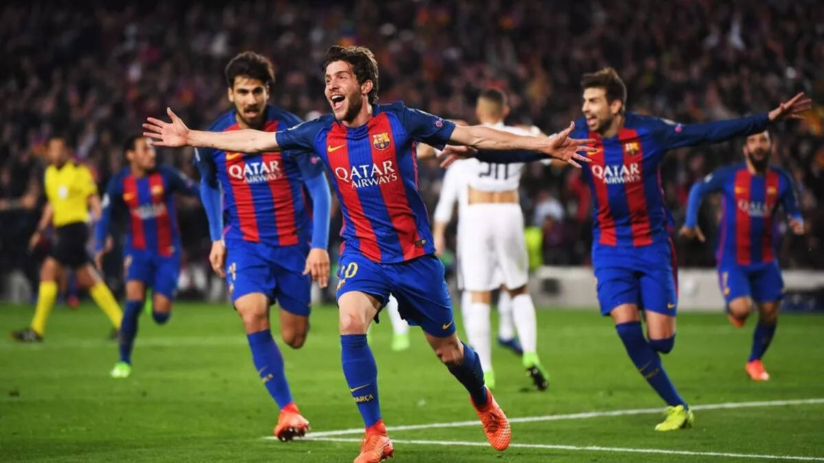 Sergi Roberto ăn mừng khi ghi bàn thắng quyết định cho Barcelona vào lưới PSG năm 2017.  Ảnh: FC Barcelona
