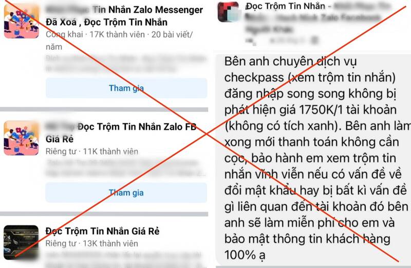 Dịch vụ phá nick, đọc trộm tin nhắn trên Facebook, Zalo... Ảnh: Chụp màn hình 