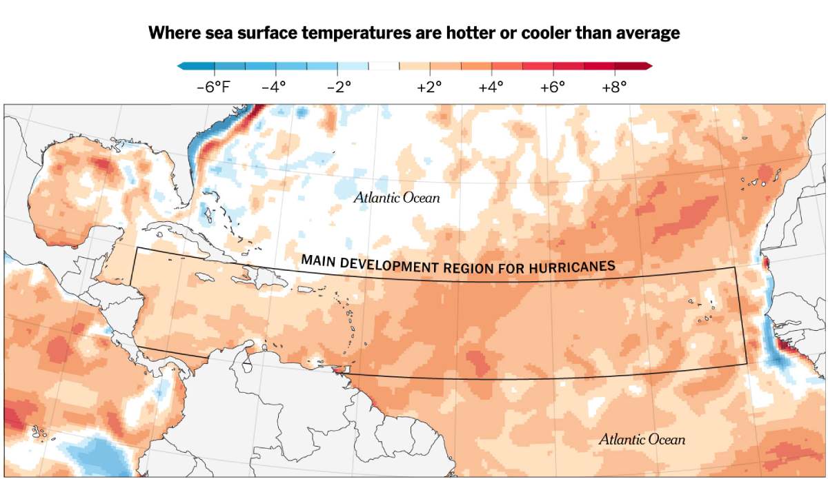 Các giá trị phản ánh nhiệt độ mặt nước biển ấm hơn hoặc mát hơn bao nhiêu vào ngày 2.4.2024, so với mức trung bình từ năm 1971 đến năm 2000. Nguồn: Cơ quan Quản lý Khí quyển và Đại dương Quốc gia Mỹ/NYT