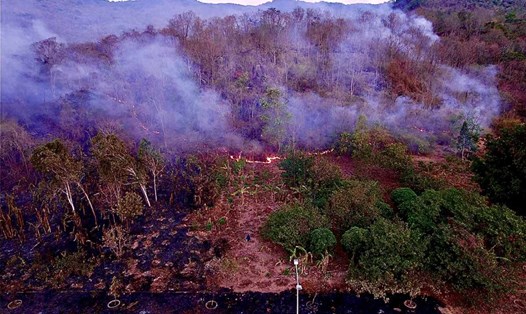 Vụ cháy rừng trên núi bùng phát trở lại vào sáng 11.4. Ảnh: Quang Minh