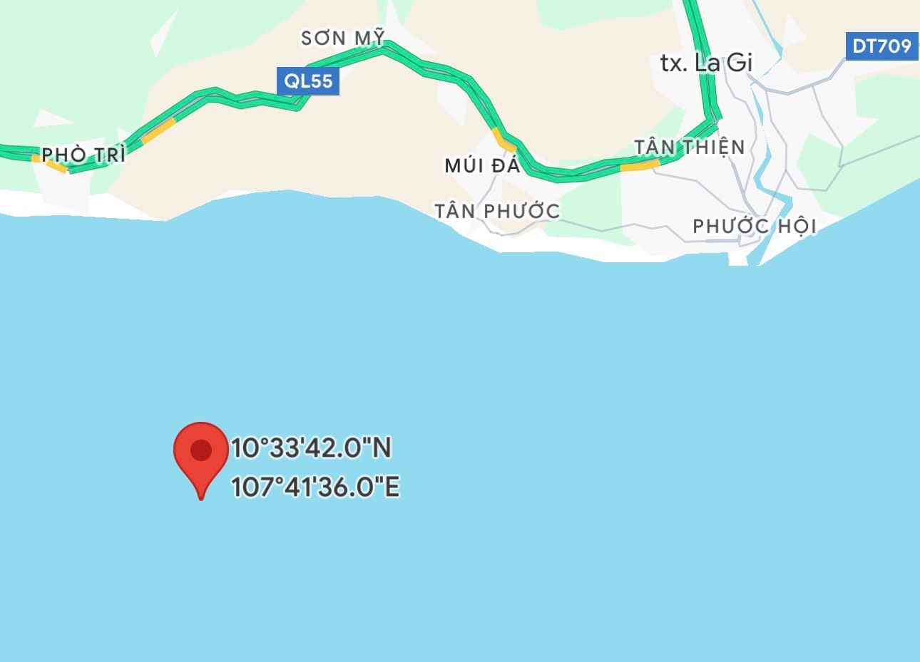 Vị trí tọa độ tàu cá bị đâm va. Ảnh: Google Maps