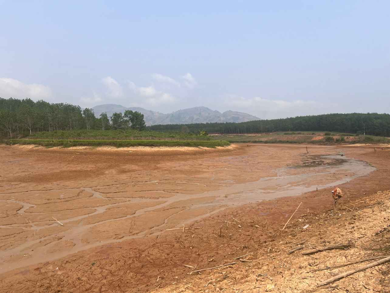Hồ trữ nước tại xã Ya Xiêr (huyện Sa Thầy) cũng trong tình trạng cạn trơ đáy, phía đầu nguồn đất đai nứt nẻ, khô khốc. Ảnh: Lê Nguyên