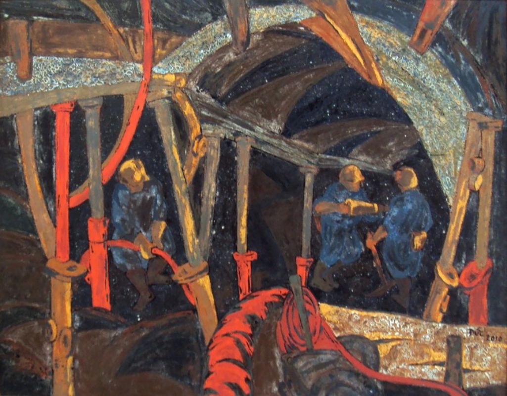 Tranh sơn mài "Hầm mỏ" của Lê Minh Đức.Tranh sơn mài "Hầm mỏ" của Lê Minh Đức.