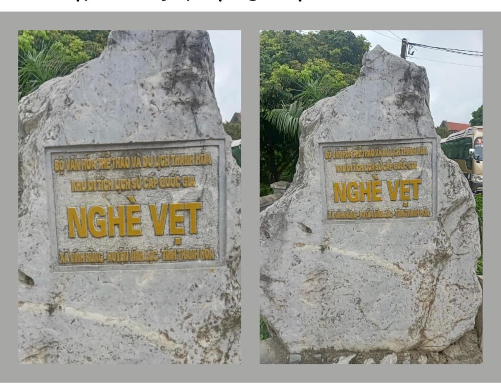 Tấm bia đá ghi sai nội dung ở Di tích quốc gia Nghè Vẹt, xã Vĩnh Hùng, huyện Vĩnh Lộc, Thanh Hóa. Ảnh: Nguyễn Xuân Diện