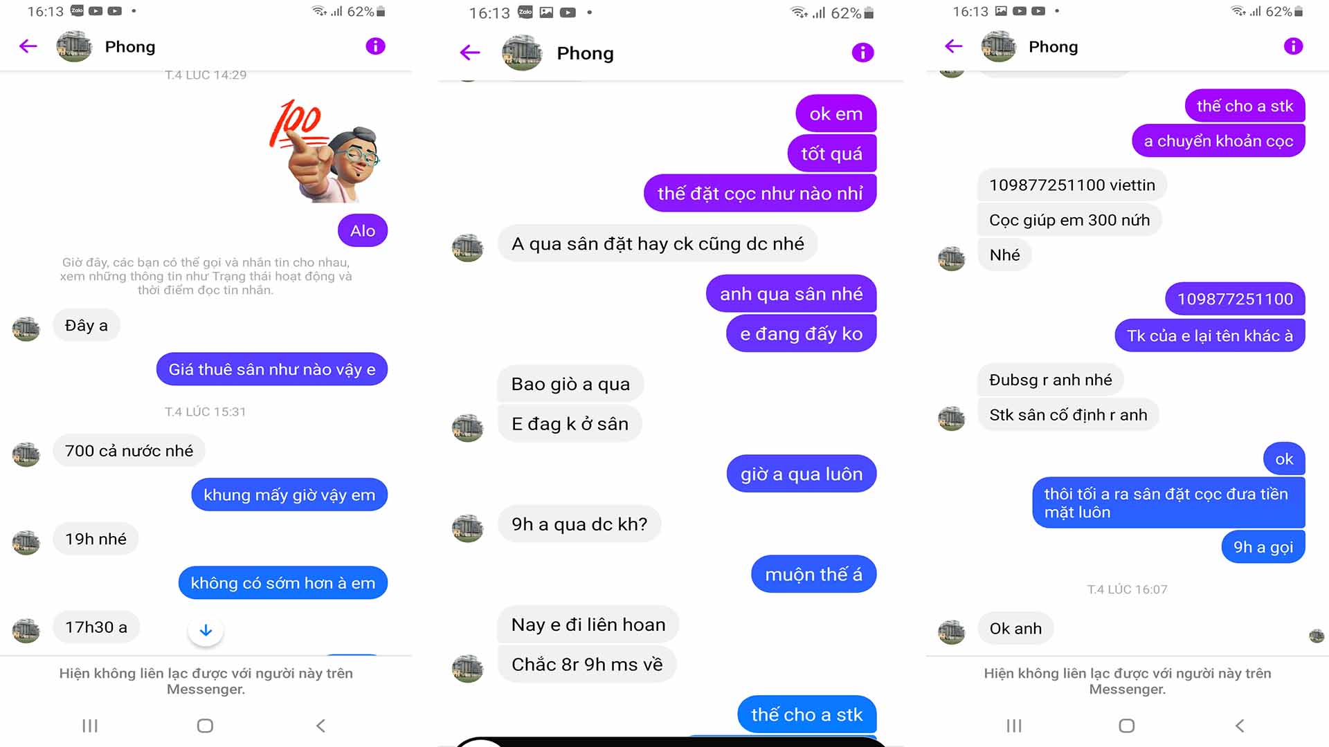 Cuộc trao đổi giữa anh Tuấn và tài khoản facebook P.B. Ảnh: Chụp màn hình