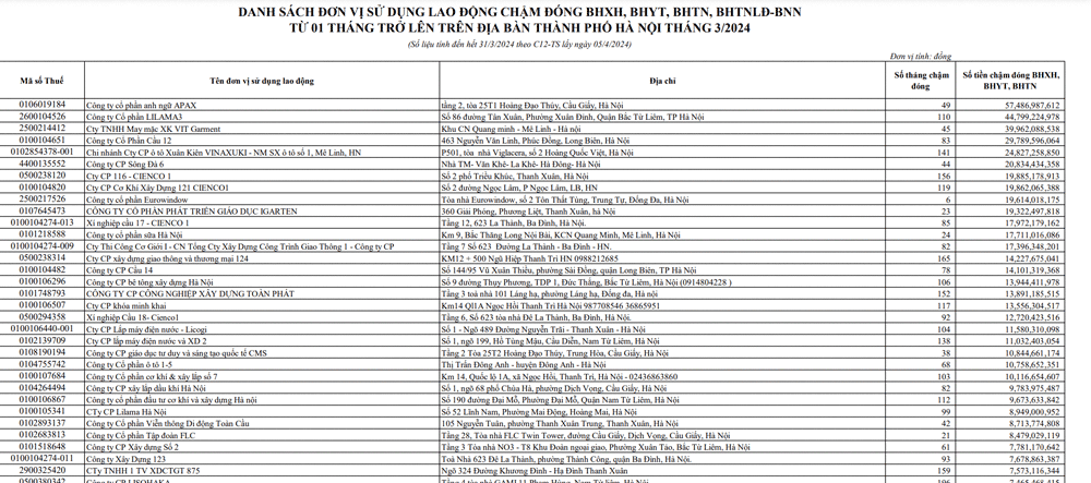 Danh sách các đơn vị nợ bảo hiểm xã hội tính đến tháng 3.2024 trên địa bàn Hà Nội. Ảnh: Chụp màn hình.