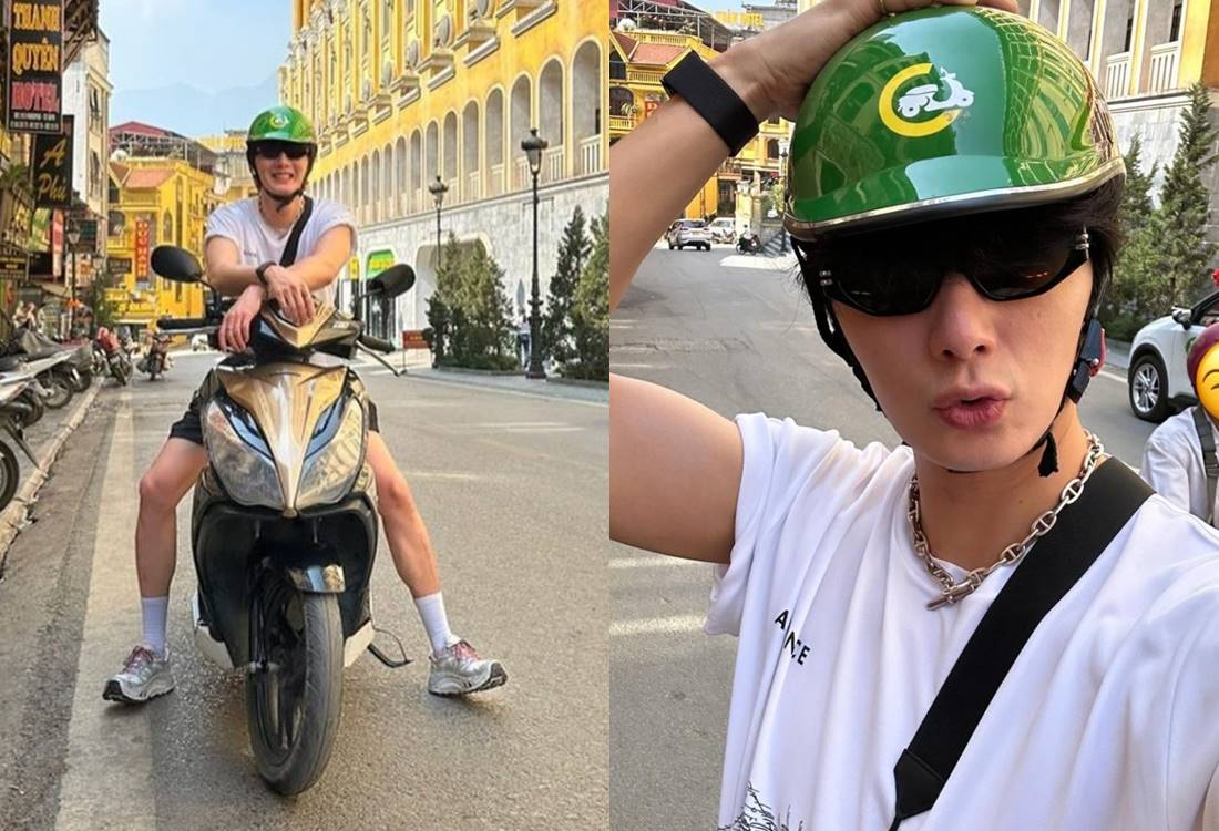 Jung Il Woo chụp hình cùng xe máy ở Việt Nam. Ảnh: Instagram