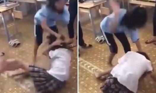Nữ sinh bị nhóm bạn đánh trong lớp học. Ảnh: Cắt video