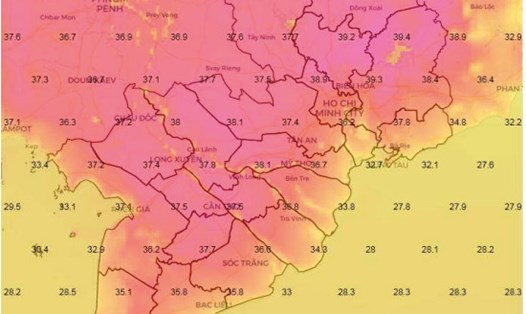 Bản đồ dự báo nhiệt độ cao nhất lúc 14h00 ngày 15.4. Ảnh chụp màn hình