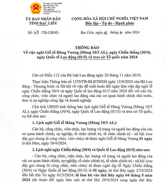Thông báo nghỉ lễ  dịp 30 thánh 4 của UBND tỉnh Bạc Liêu phát hành cuối giờ sáng ngày 16.4. Ảnh: Nhật Hồ
