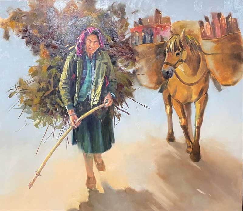 Một tác phẩm sơn dầu tại triển lãm. Ảnh: Tường Minh