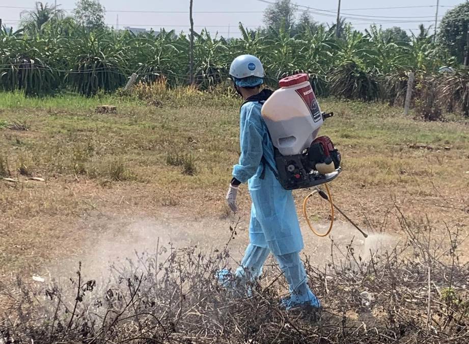 Phun thuốc sát trùng tại khu vực phát hiện chó bị dại xã Phong Nẫm, Phan Thiết. Ảnh: CQCN