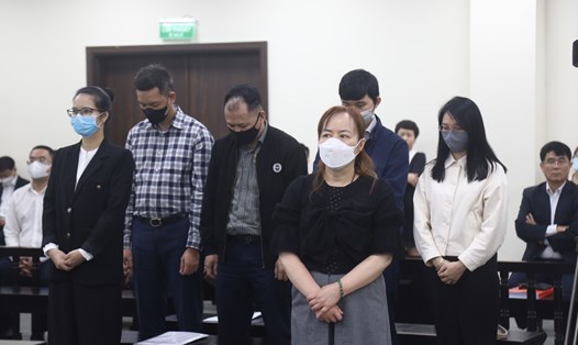 Các bị cáo tại phiên tòa xét xử vụ dìm giá đất liên quan đến cựu Chủ tịch Vimedimex Nguyễn Thị Loan. Ảnh: Quang Việt