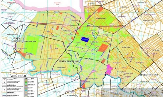 Bản đồ quy hoạch sử dụng đất và phân bố dân cư khu vực dự định xây dựng hồ chứa nước ngọt Thuận Bình (ô màu xanh dương). Ảnh: An Long