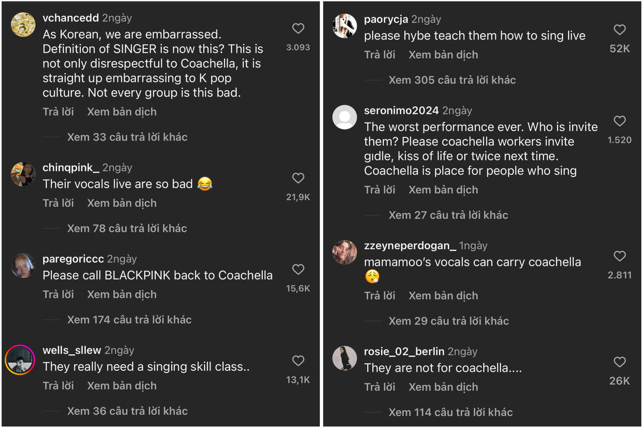 Khán giả để lại nhiều bình luận tiêu cực dưới video của LE SSERAFIM được Coachella đăng tải. Ảnh: Chụp màn hình