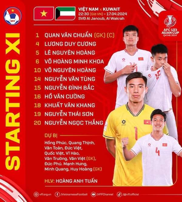 Đội hình ra sân của U23 Việt Nam. Ảnh: VFF