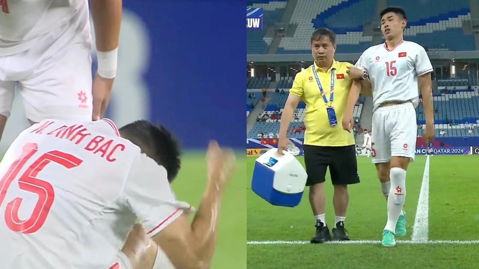 Tiền đạo Đình Bắc chấn thương trong trận gặp U23 Kuwait. Ảnh: Cắt từ clip