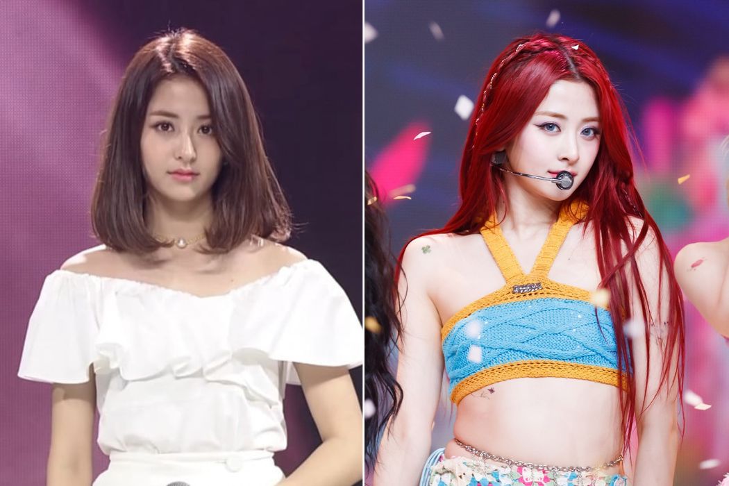 Yunjin thời tham gia Produce 48 (trái) và khi là thành viên nhóm LE SSERAFIM. Ảnh: Naver