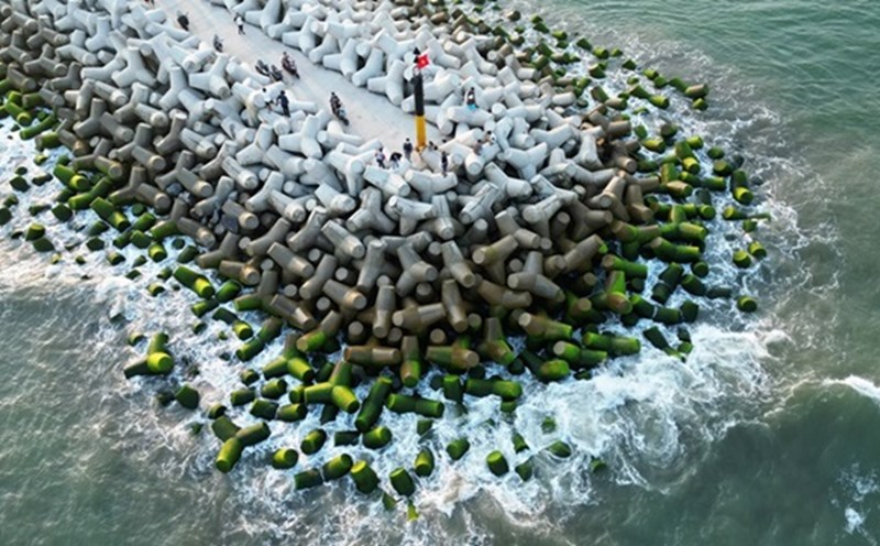 Rêu xanh bám trên những khối bê tông ở bờ kè biển thôn Phổ Trường, xã Nghĩa An, thu hút du khách đến chiêm ngưỡng. Ảnh: Việt Hoàng