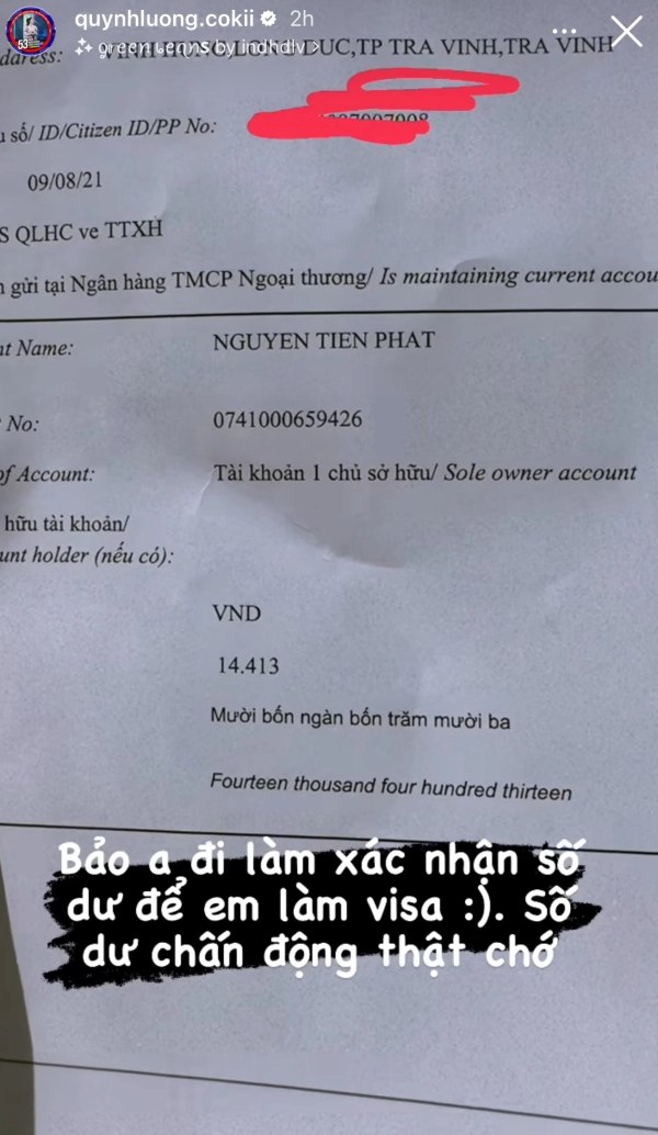 Thông tin số dư tài khoản của Tiến Phát khiến Quỳnh Lương hoảng hốt. Ảnh: Instagram.