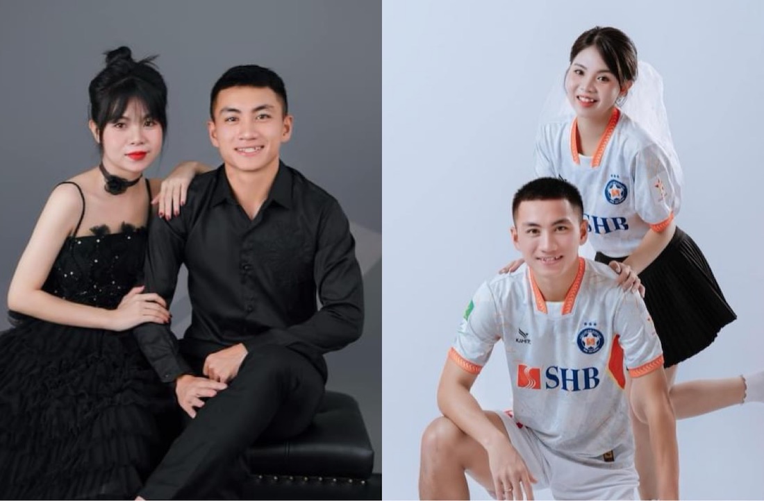 Tiền đạo Minh Quang và bà xã Thanh Huyền kết hôn cuối năm 2023. Ảnh: FBNV