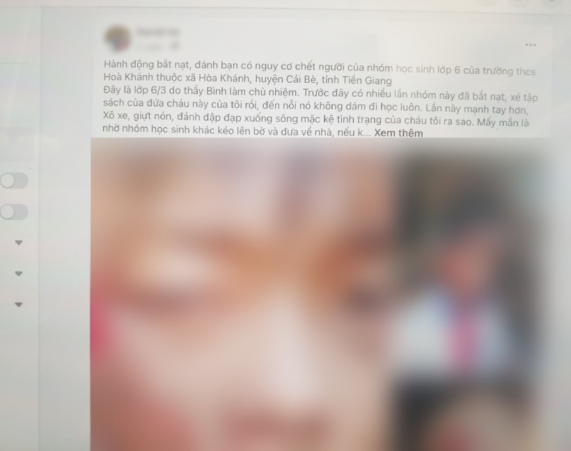 Một tài khoản facebook đăng tải thông tin và hình ảnh về vụ việc em học sinh lớp 6 học ở Trường THCS Hòa Khánh (huyện Cái Bè, tỉnh Tiền Giang). Ảnh: Chụp màn hình.