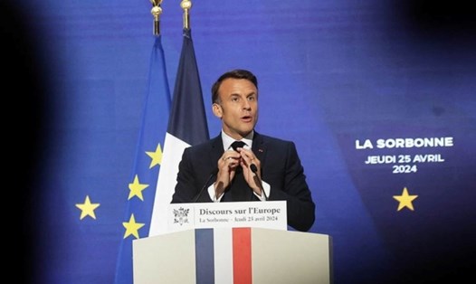 Tổng thống Pháp Emmanuel Macron phát biểu tại Đại học Sorbonne, Paris, Pháp, ngày 25.4.2024. Ảnh: AFP