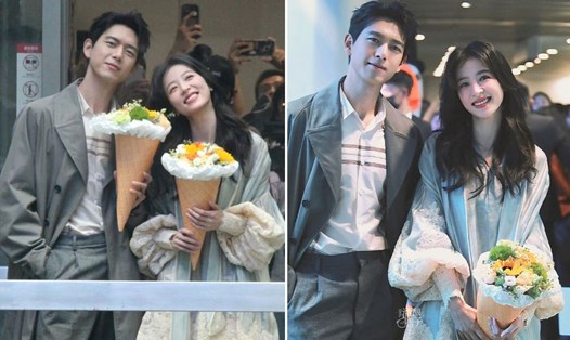 Lý Hiện và Châu Vũ Đồng quảng bá cho phim "Sắc xuân gửi người tình". Ảnh: Weibo