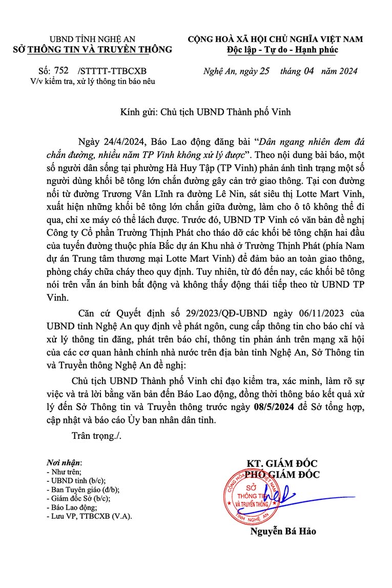 Sở Thông tin và Truyền thông tỉnh Nghệ An đề nghị UBND thành phố Vinh kiểm tra, trả lời sự việc báo Lao Động phản ánh. Ảnh: Phạm Thông
