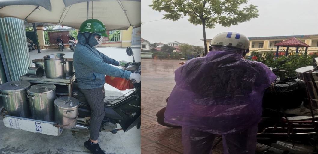 Nhân viên nuôi dưỡng di chuyển đến các điểm trường để đem suất ăn đến cho từng học sinh. Ảnh: Nhân vật cung cấp. 
