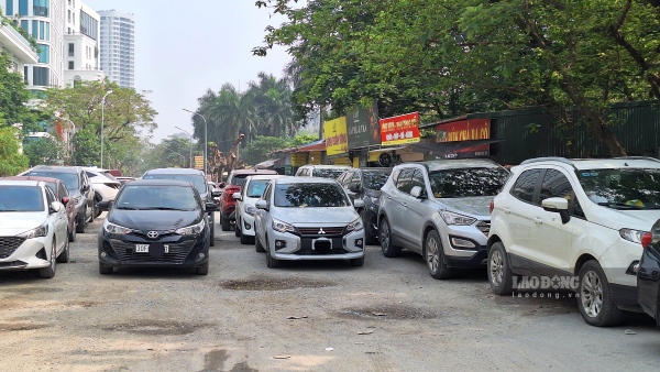 Xe ô tô xếp hàng nối đuôi nhay trước cổng Cục Đường bộ Việt Nam. Ảnh: Đền Phú