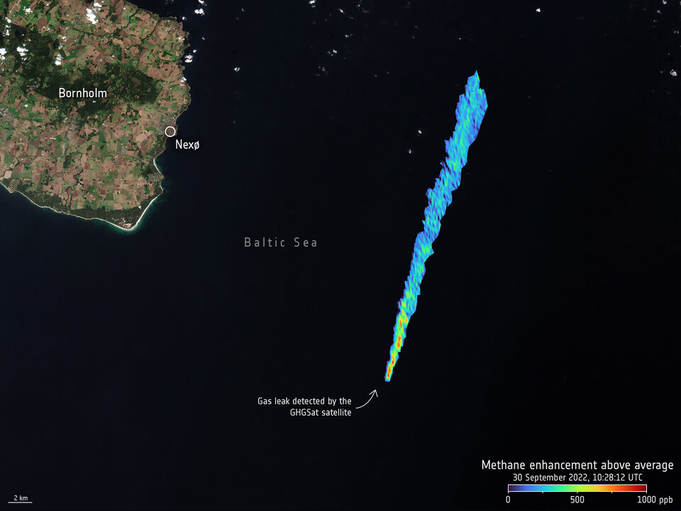 Khí methane thoát ra từ vụ nổ đường ống dẫn khí Nord Stream nhìn từ vệ tinh GHGSat. Ảnh: GHGSat