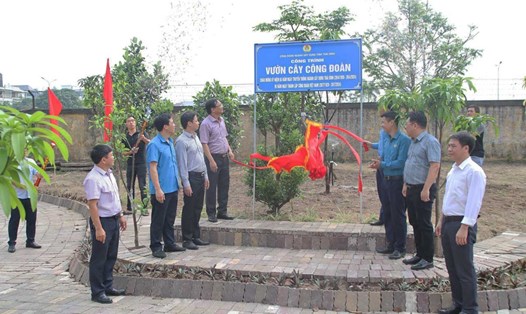 Gắn biển công trình "Vườn cây công đoàn" tại Ban quản lý nhà ở sinh viên TP Thái Bình. Ảnh: Bá Mạnh