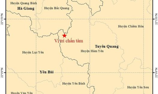 Vị trí chấn tâm động đất tại Tuyên Quang. Ảnh: Viện Vật lý địa cầu