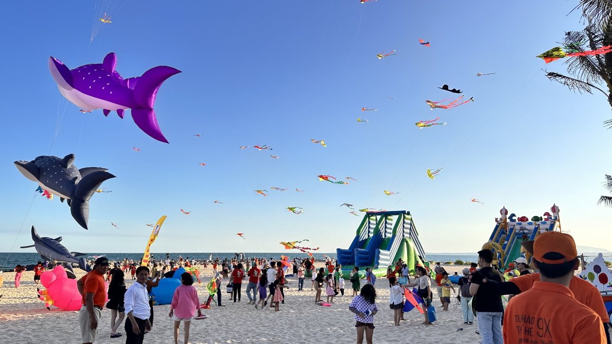 Hơn 100 cánh diều cỡ lớn và cỡ nhỏ với nhiều màu sắc và hình dáng sinh động được thả bay lượn trên trời. 