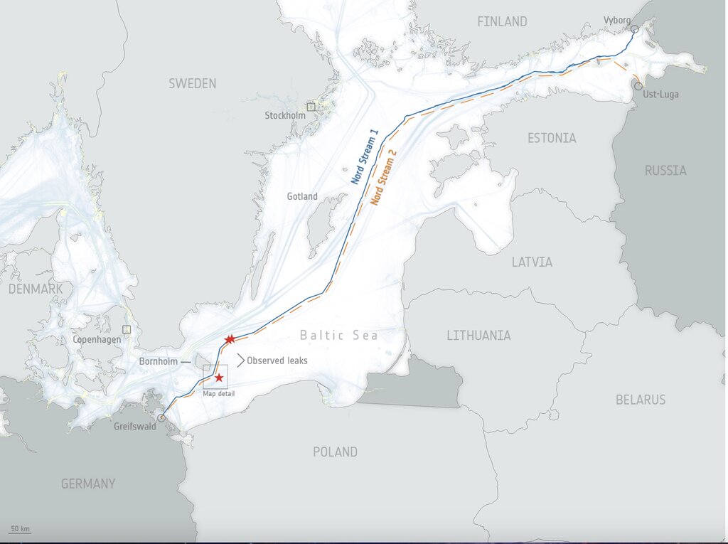 Bản đồ đường ống Nord Stream và Nord Stream 2 cùng các vị trí phát nổ. Ảnh: ESA