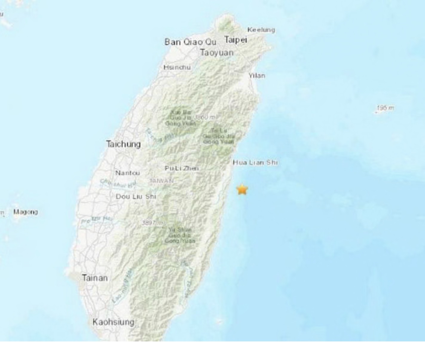 Động đất mạnh rung chuyển Đài Loan có tâm chấn (hình ngôi sao) cách Hoa Liên 18 km về phía nam. Ảnh: USGS
