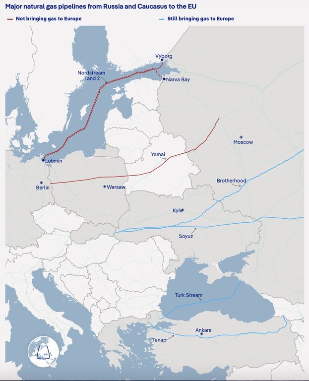 Các đường ống dẫn khí đang đưa khí đốt Nga vào châu Âu (màu xanh). Ảnh