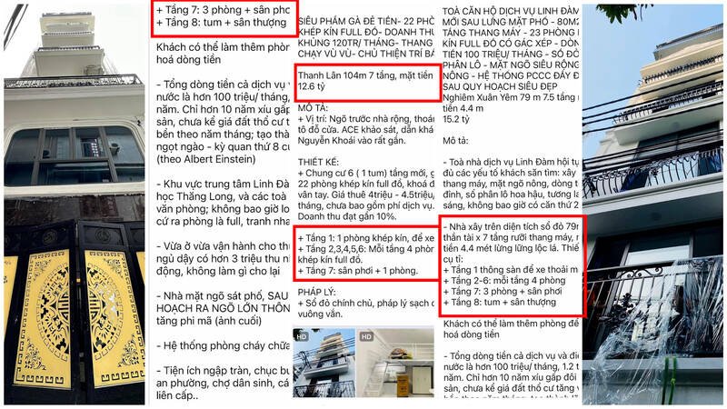 Loạt bài đăng của Huyền trên mạng xã hội quảng cáo các ngôi nhà xây vượt tầng tại quận Hai Bà Trưng, Hoàng Mai, Hà Nội. Ảnh: Nhóm PV.  