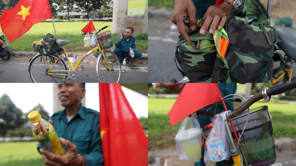 Hành trang ông Thành mang theo gồm: 2 bộ quần ảo, 1 chai rượu thuốc xức khi đau nhức, sữa, trái cây được người dân tặng và xe đạp thống nhất. Ảnh: Anh Tú