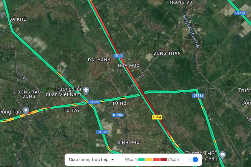 Tình hình giao thông trên cao tốc Hà Nội - Hải Phòng đoạn qua Hưng Yên (hướng về Hà Nội), cập nhật lúc 16h40. Ảnh: Google Maps