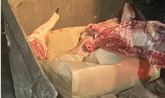 Chủ cơ sở đang bày bán 700kg thịt lợn chưa qua chế biến, bốc mùi hôi tanh. Ảnh: Cục Quản lý thị trường tỉnh Hà Nam 