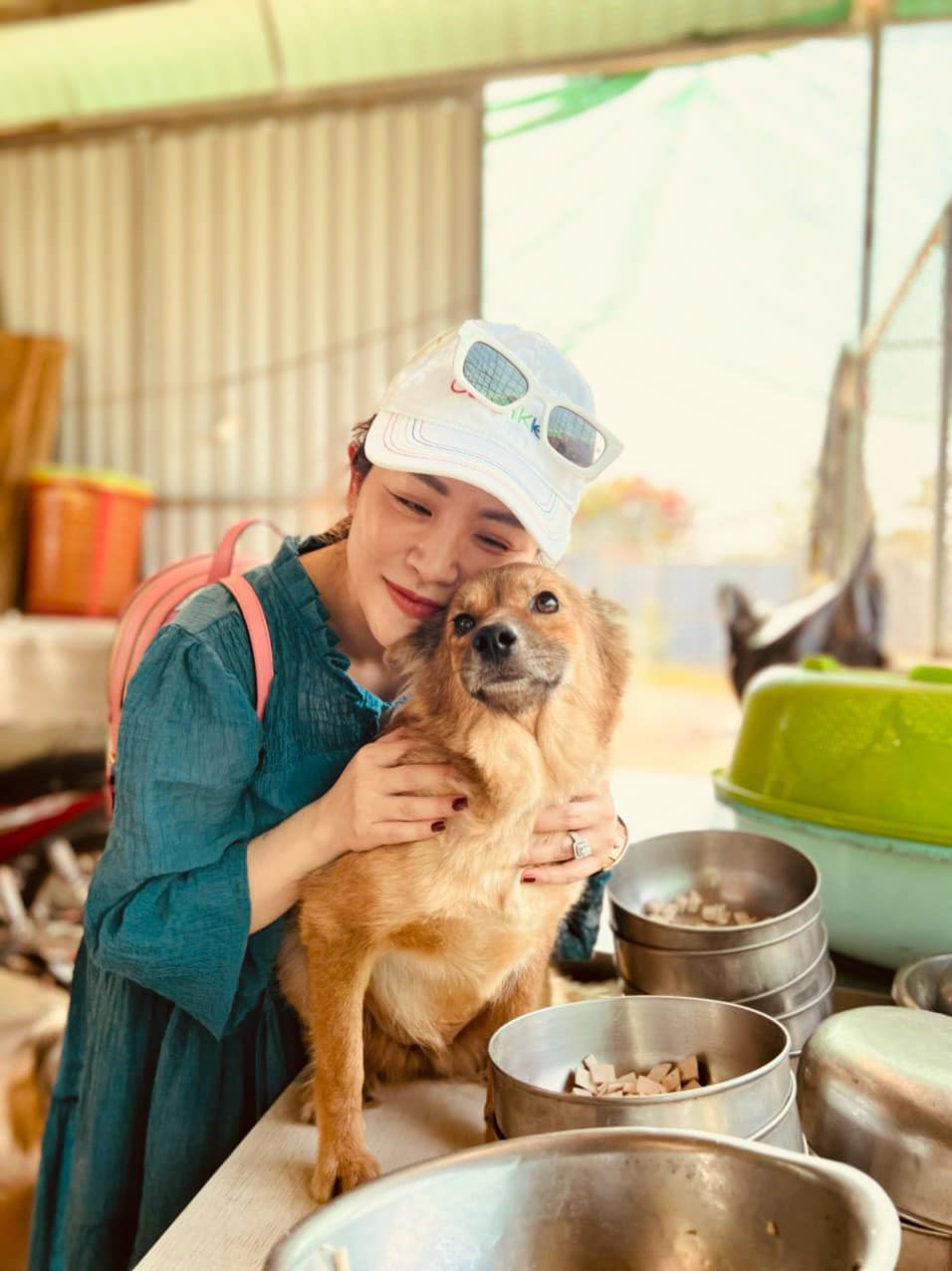 Kiều Linh ghé thăm và chuẩn bị đồ ăn, chăm sóc các chú chó trong trang trại. Ảnh: Facebook nhân vật