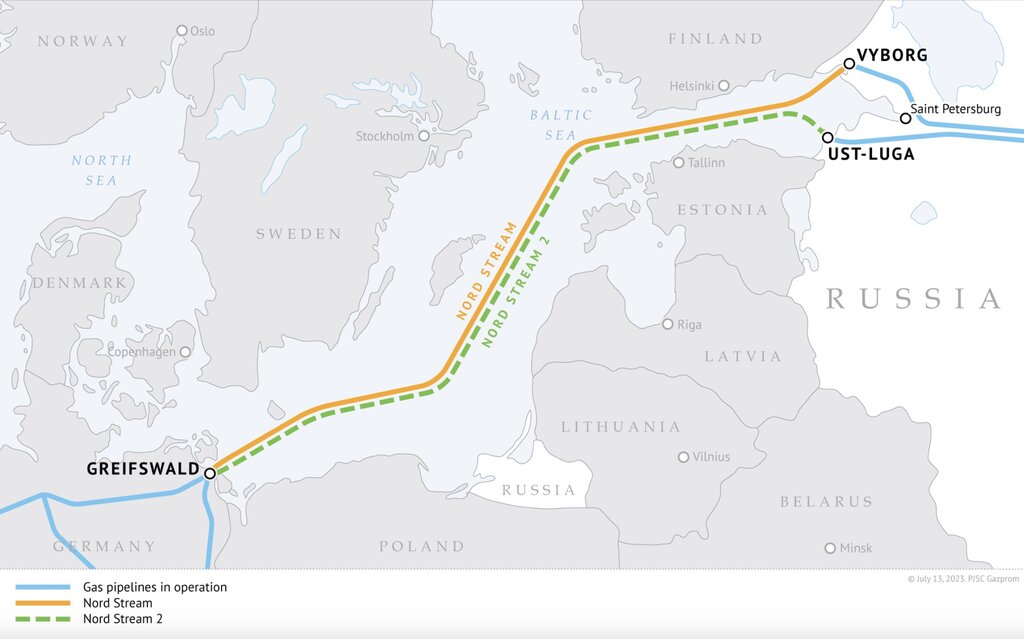 Bản đồ đường ống Nord Stream và Nord Stream 2. Ảnh: Gazprom