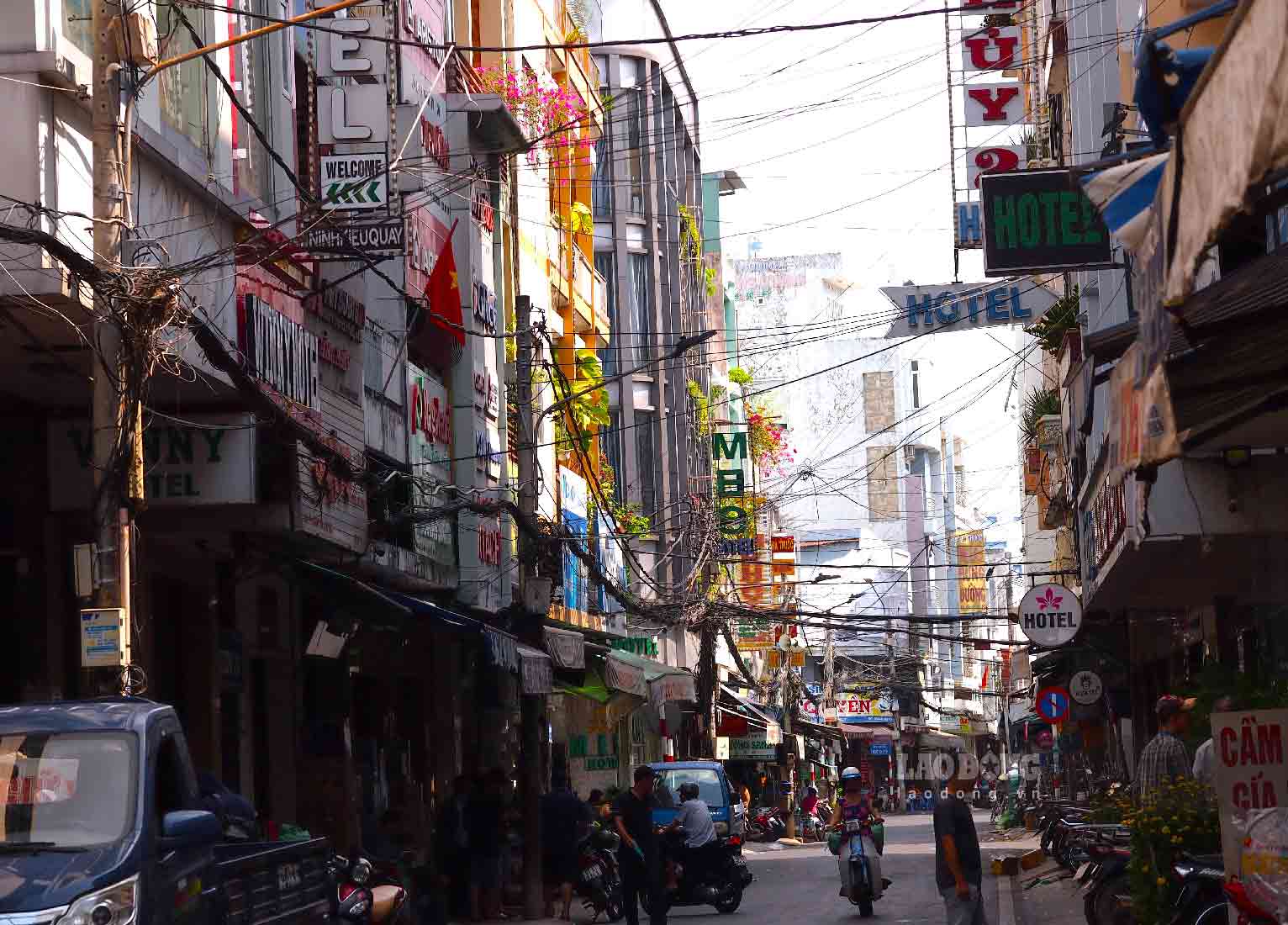 Dây điện, cáp viễn thông chằng chịt như mạng nhện. Ảnh: Bích Ngọc