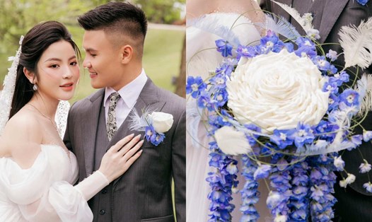 Bó hoa cưới đặc biệt của vợ Quang Hải trong ngày cưới. Ảnh: Facebook nhân vật
